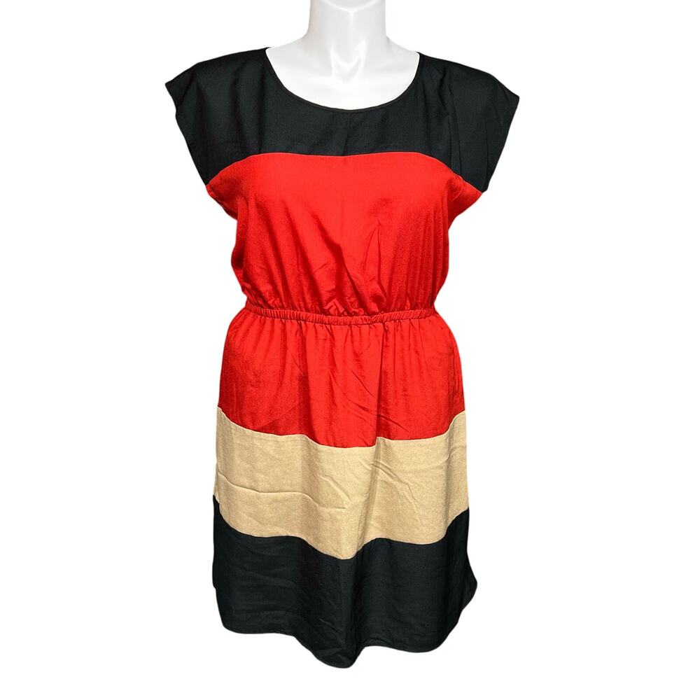 Maurices Womens Blouson Dress Striped Knee Length Short Sleeve Red Black Tan XL